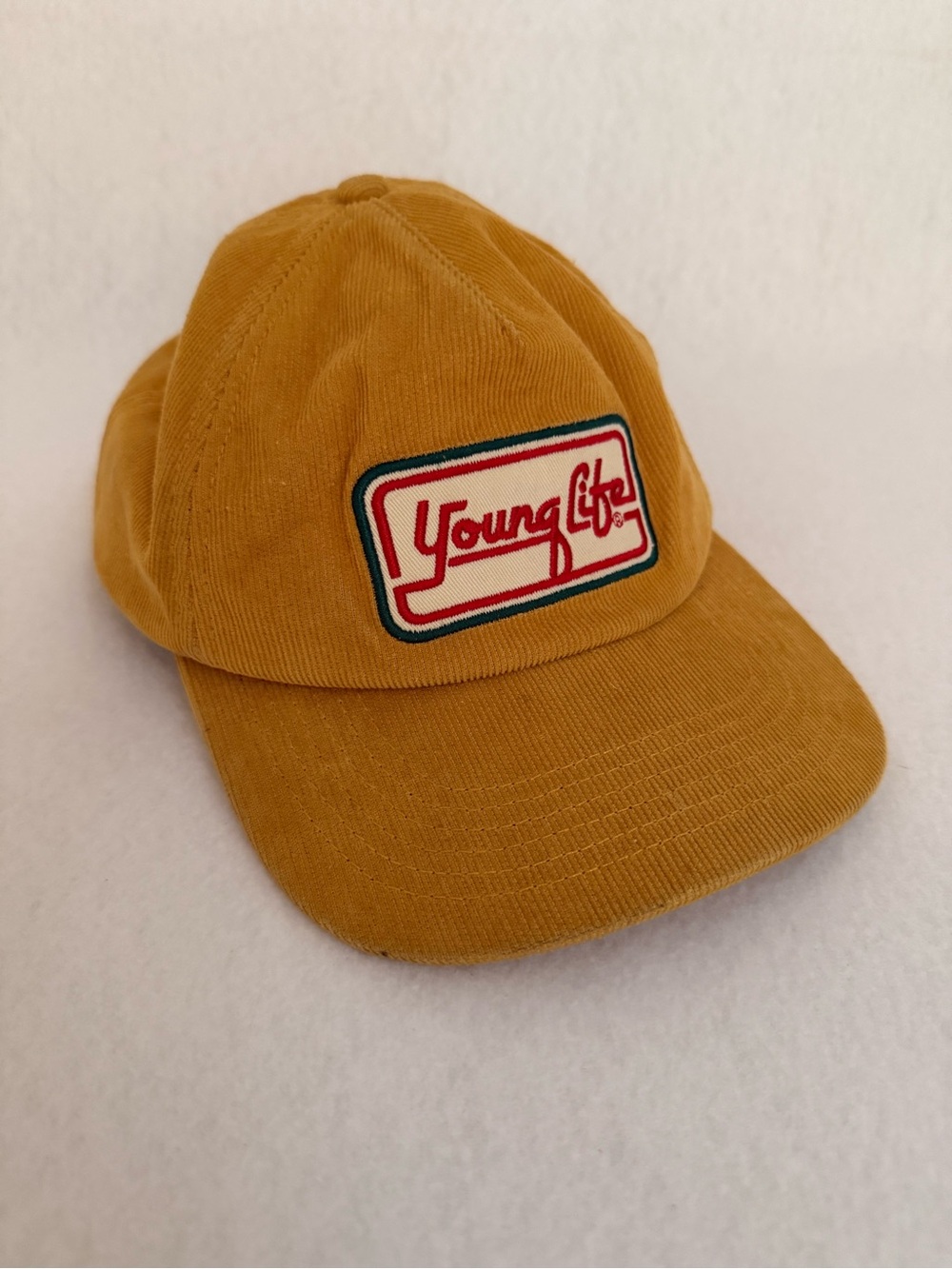 Young Life Corduroy Hat Cap Snapback Mustard Yellow Embroidered Patch Adult Size